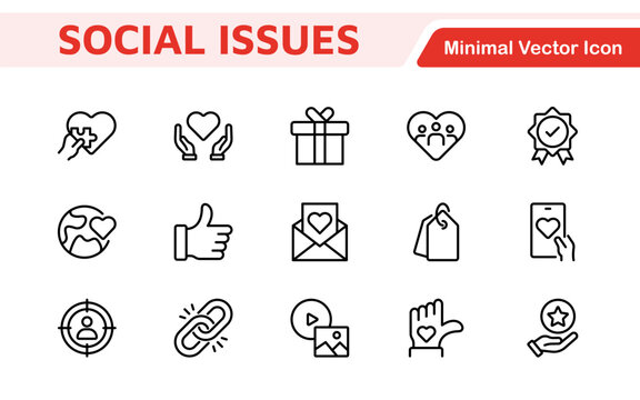 Social Issues Icon Set. Thought-provoking and impactful icons designed to raise awareness and promote engagement, perfect for enhancing campaigns, websites, and educational materials.