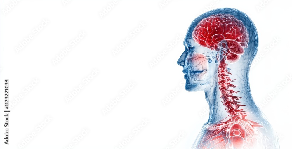 Poster a detailed illustration of a human profile highlighting the brain and spinal cord in vibrant colors,