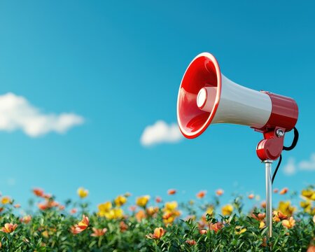 A vibrant megaphone stands amidst a colorful flower field under a bright blue sky, symbolizing communication and celebration. - Powered by Adobe