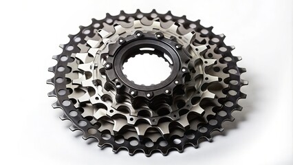Silhouette of a New Bicycle Cassette in Black Color Isolated on a White Background, Rear View Showcasing Intricate Gear Design and Precision Engineering for Cycling Enthusiasts