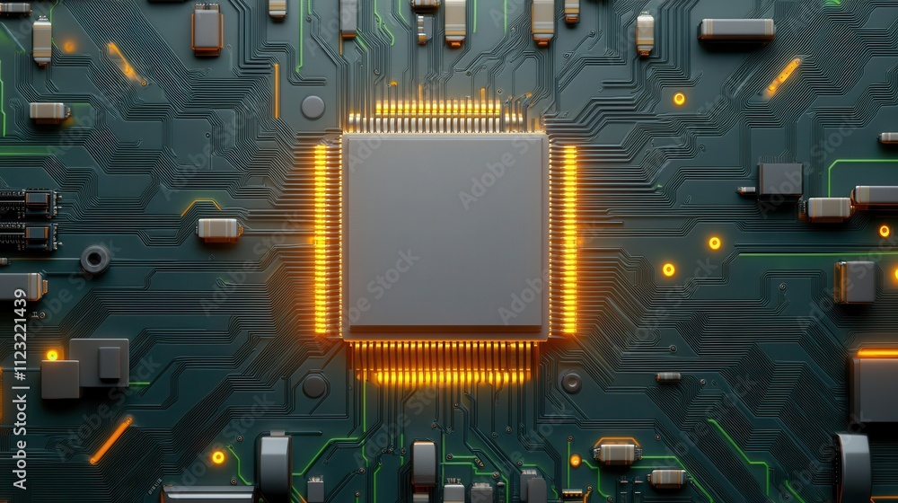 Aufkleber a microchip placed on a glowing circuit board with other components
