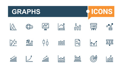 Set of Analytics Graphs line icons. Containing bar, progress, marketing, element, business and more. Set of line pictogram. Solid line editable stroke. Vector line and solid icons.