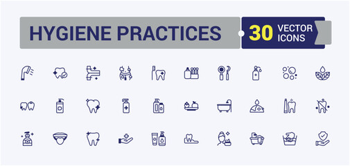 Naklejka premium Hygiene Practices vector line icon set. Featuring prevention, cleaning, hygiene, antibacterial, healthy and more. Solid line editable vector illustration.