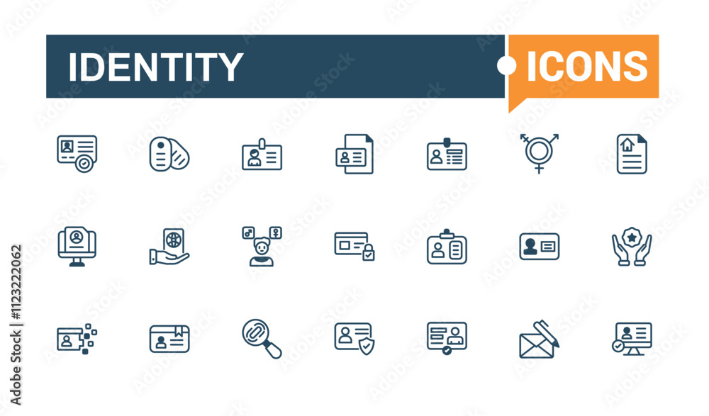 Poster identity line web icon set. includes icons for pass, recognition, identity, user, license, identify 