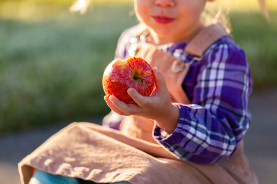Aussie kid holding out fresh red apple with bite taken out of it