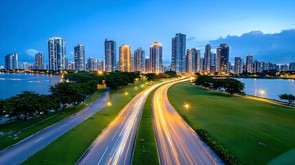 Obraz premium Captivating Night Skyline with Light Trails and Urban Landscape