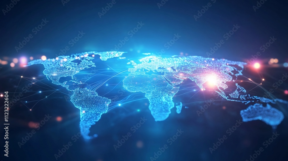 Poster illuminated global business concept with world map and digital data flow