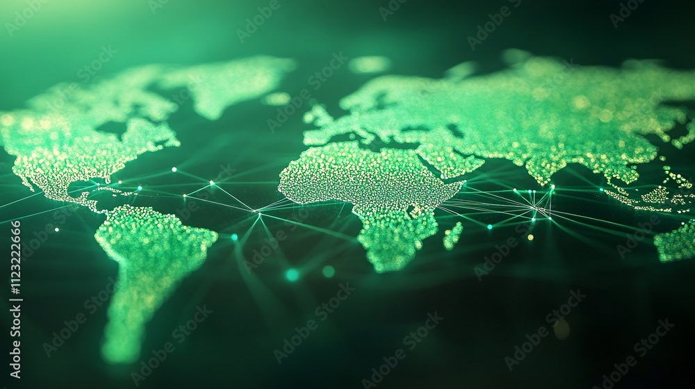 Poster global business technology concept with world map and digital data flow
