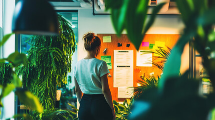 Person standing in front of a job listings board, scanning opportunities with a focused expression. The scene conveys the pursuit of career advancement and the search for meaningful employment.