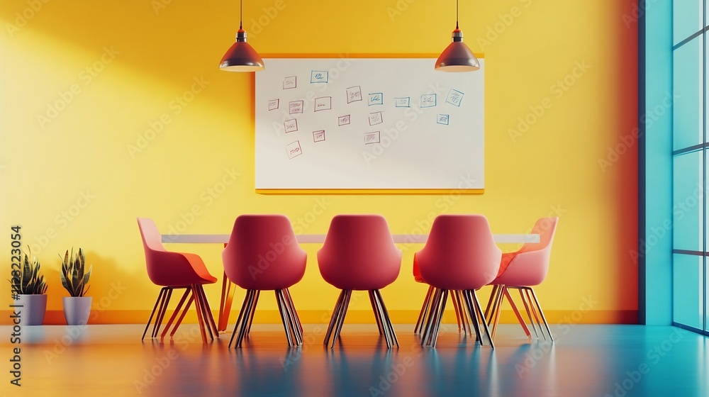 Poster creative brainstorming session at modern office workspace with whiteboard notes and diagrams