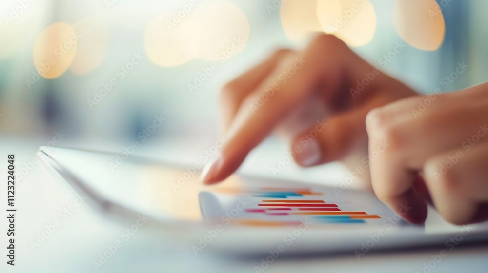 Poster hands analyzing financial data on digital tablet in office setting