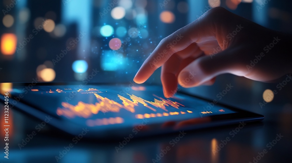Poster close-up hands using tablet with financial graphs in futuristic 3d office