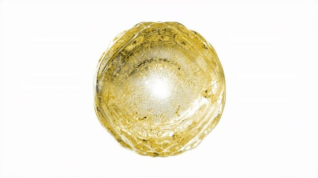 Gold cosmetic serum with liquid bubbles in a 3D abstract background. Hydrating essence gel enriched with collagen molecules. Moisturizing cream or oil for advanced skincare, beauty, and skin health.