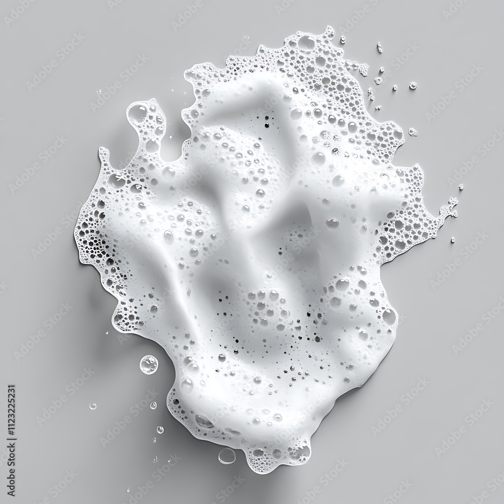 Poster realistic texture of facial foam with bubbles and droplets on light background, creating fresh and c