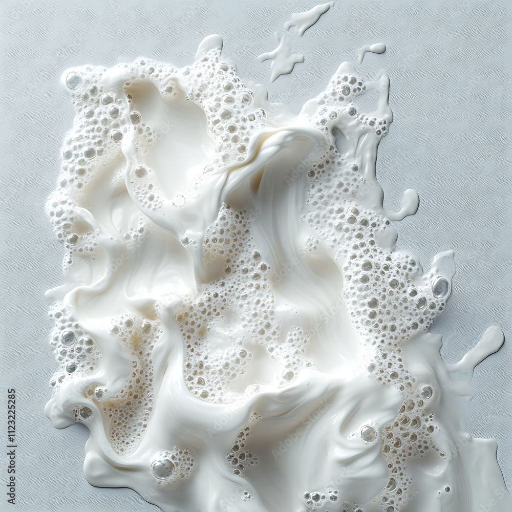 Poster realistic texture of facial foam with bubbles on light surface, creating soft and creamy appearance.