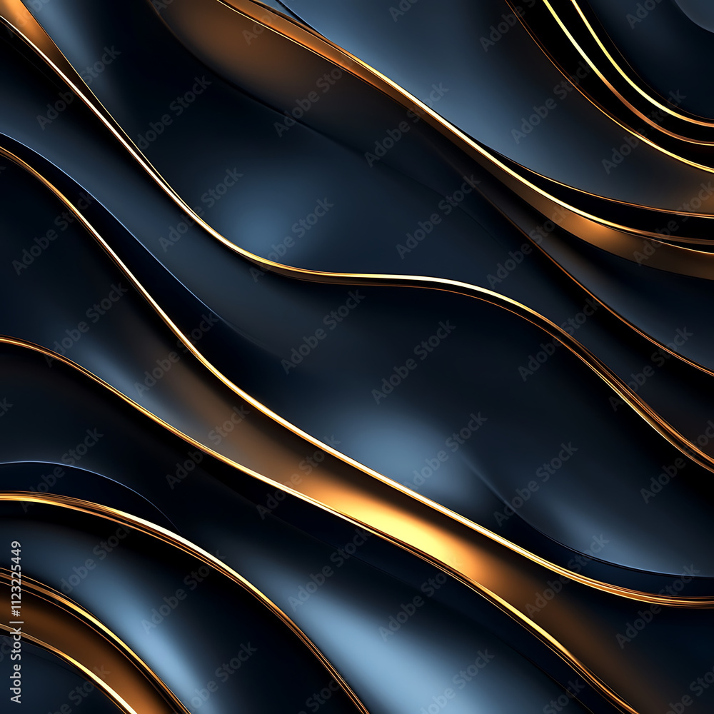 Poster luxurious abstract background featuring flowing dark waves with golden accents, creating sense of el