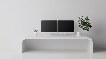 Minimalist Workspace with Dual Monitors and Coffee Cup on Clean White Surface,3D