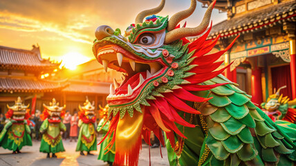 Dragon costume glowing in golden light during festival