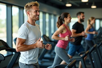 Focused man and group of gym-goers working out on treadmills for a healthy lifestyle