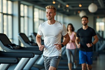 Focused man and group of gym-goers working out on treadmills for a healthy lifestyle