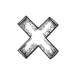 Obraz premium Vintage Cross Mark Symbol, Hand-Drawn Vector, Graphic Style, Cartoon Illustration, Black and White, Sketch Style, Isolated on White Background