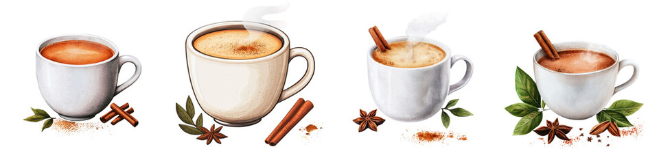 Obraz premium Freshly brewed aromatic chai tea drink served in white ceramic cups filled with warming spices like cinnamon star anise cardamom and ginger creating a comforting and cozy atmosphere