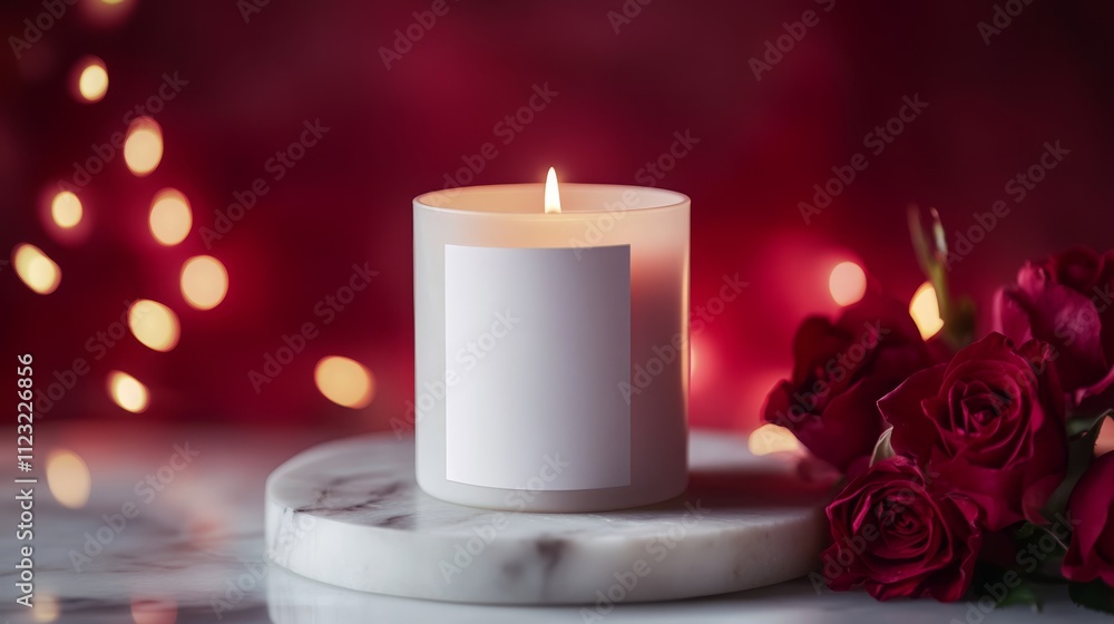 Poster lit candle and red roses on marble with red bokeh background