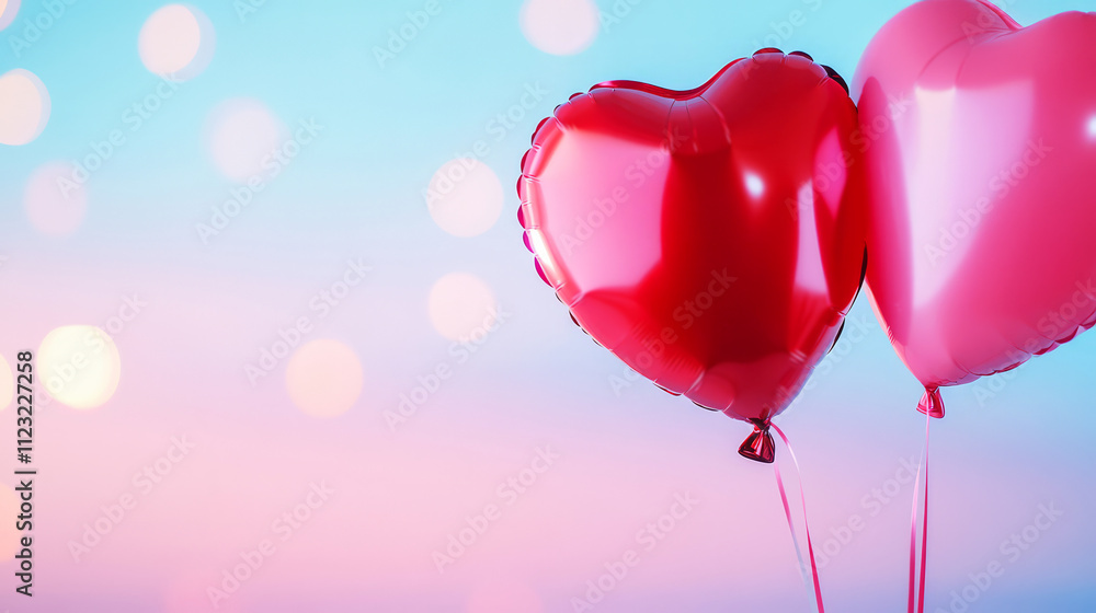 Poster romantic heart-shaped balloons with soft colorful background and bokeh effect