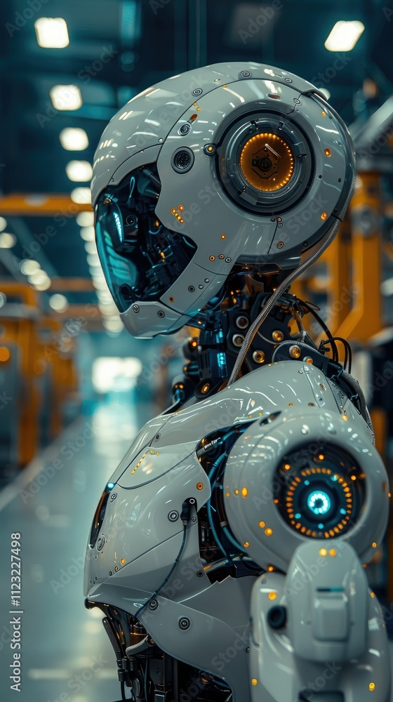 Poster futuristic robot in a factory setting.