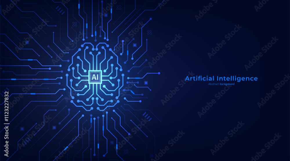 Poster Concept of Artificial intelligence. AI digital brain on the circuit motherboard. Futuristic technology background. Vector illustration for banner and web template.
