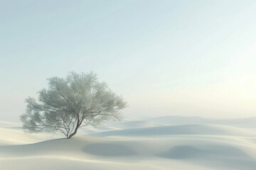 close up horizontal image of a snow covered winter landscape with a lonely tree and white hills