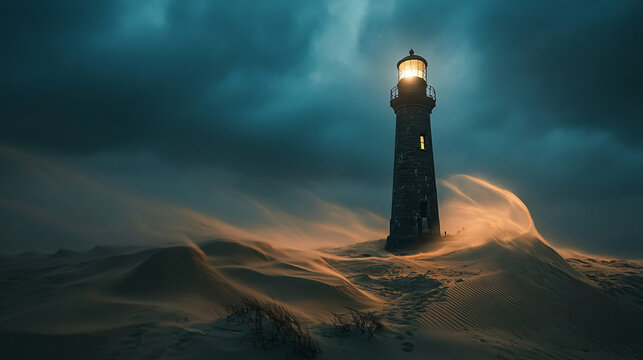 A craggy desert lighthouse surrounded by wind-swept dunes, its light flickering weakly in the dark.