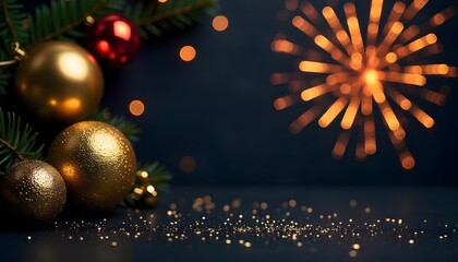 Golden Christmas ornaments and fireworks sparkle on a dark background, creating a festive atmosphere.