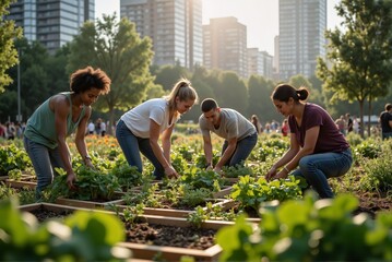 Community Garden Initiative: Diverse Individuals Cultivating Fresh Produce in Urban Landscape