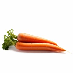 A fresh carrots with green tops, arranged on a white background.