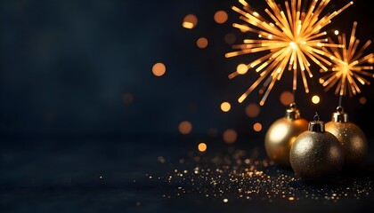 Golden Christmas ornaments and fireworks sparkle on a dark background, creating a festive atmosphere.