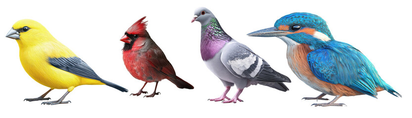 Colorful Bird Collection Yellow Canary Cardinal Pigeon Kingfisher on transparent background