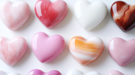 Obraz premium Colorful Heart-Shaped Stones in Various Shades and Patterns on a White Background