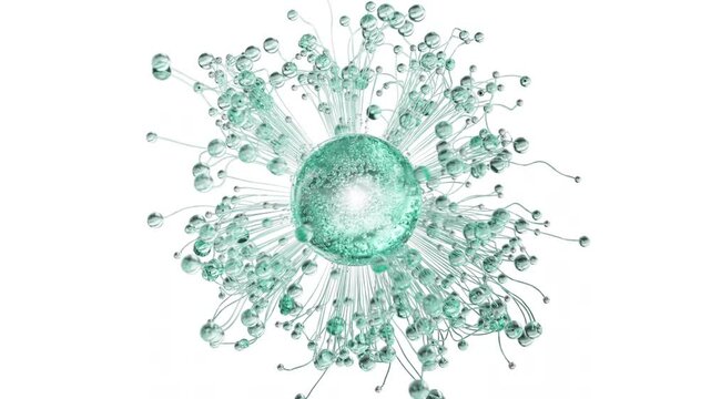 Turquoise cosmetic serum with liquid bubbles in a 3D abstract background. Hydrating essence gel enriched with collagen molecules. Moisturizing cream or oil for advanced skincare, beauty.