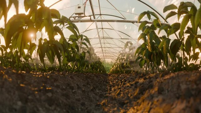 Sprinkler arms gently move, irrigating the plants as warm sunlight filters through the foil, enhancing the natural atmosphere and emphasizing sustainable agricultural practices. amera glides upward.