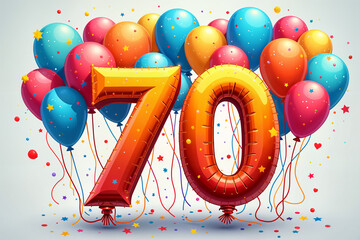 70th birthday card. Large, colorful balloon display with the number 70 prominently displayed in the center, surrounded by smaller balloons of various colors and sizes.