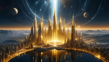 Fototapeta premium A majestic city of gold perched atop a mountain, with luminous domes and towering obelisks, enveloped in a serene halo, visualized through AI generative technology