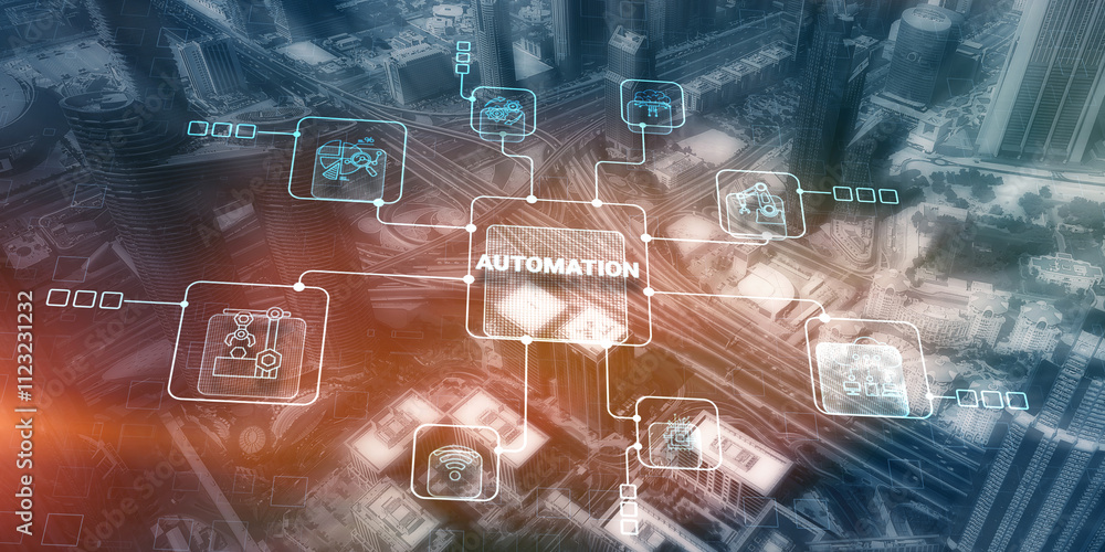 Poster automation concept. technology process system on city background