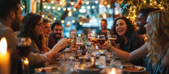 Group of friends toasting at a dinner party with candles and string lights.