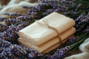 A stack of cream-colored paper, tied with twine, rests on a bed of dried lavender. The soft, muted tones and delicate textures create a serene and calming atmosphere.