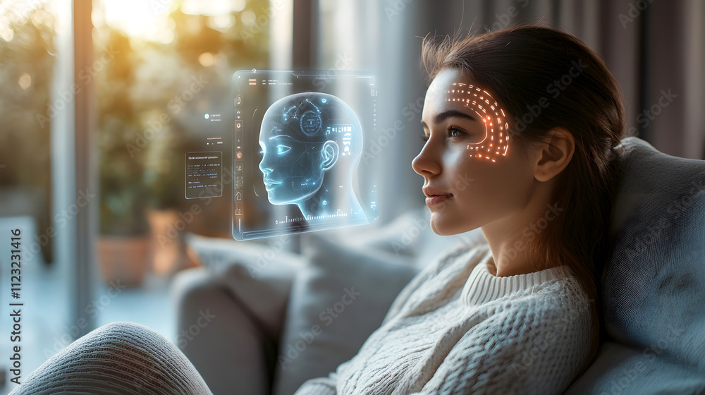 Poster woman interacting with futuristic holographic interfaces displaying a digital head scan and data ana