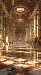 Obraz premium Captivating interior view of a grand Baroque style palace cathedral featuring an ornate lavishly decorated aisle with arched ceilings gilded columns intricate marble floors