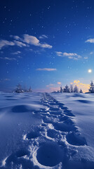 At night, the gray-blue sky, the bright moon hanging high in the sky, the sky with ground fish-scale clouds, the ground with thick snow, the snow has messy footprints.  , 