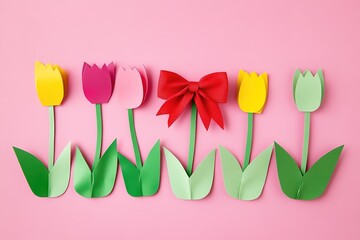 Fototapeta premium Spice up the pink card with tulips made of paper and a red bow, in a children's craft style for kids.