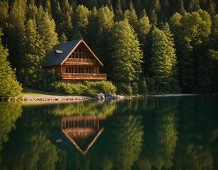 Obraz premium Cozy Cabin Retreat Surrounded by Lush Forest and Tranquil Lake Reflection